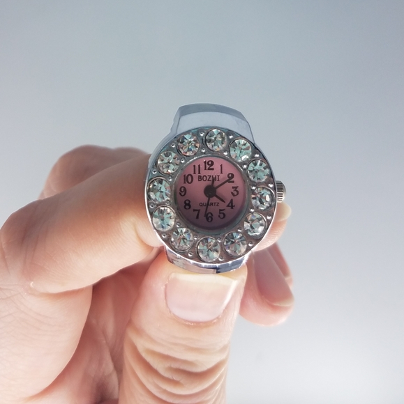 Silvertone Pink Rhinestone Ring Watch - Picture 5 of 8